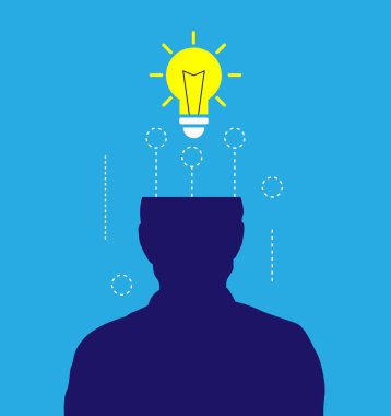 Mavi Ampullü Fütürist Erkek Baskını Silueti. Beyaz yakalı işinde parlak fikir üretimi ya da şirket liderliği