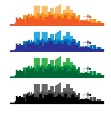 Sanayi şehrinin silueti beyaza izole edilmiş farklı renkler. Modern bir şehir altyapı konsepti, sanayi ve inşaat vektör sanatı