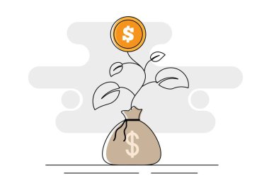 Para Torbası ve Coin Sprout Yetiştirme Sanatı. Yönetme ve kazanç vektör sanatı