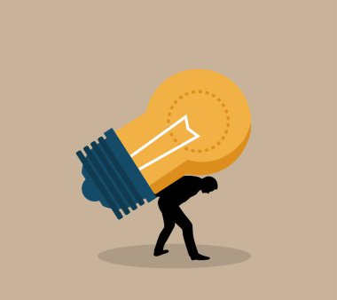 Sırtında ağır bir ampul taşıyan bir iş adamının silueti. İnsanlar zor iş vektör sanatı yapıyor