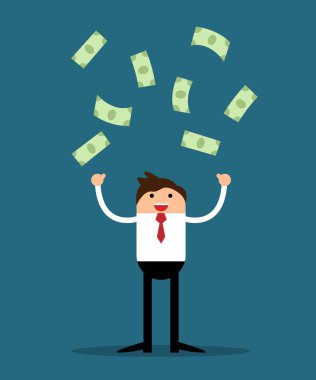 Çok Paralı Düz Stili Olan İş Adamı. Para kazanan ve büyüyen insanlar, piyango kazanan vektör sanatı