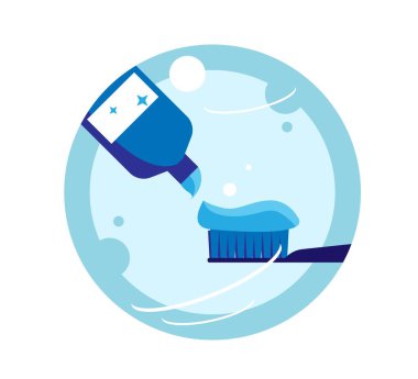 Diş macununun fırçaya sıkıştırılmasının yuvarlak çizimi. Kişisel hijyen ürünleri ve aletler, diş fırçalama vektör sanatı