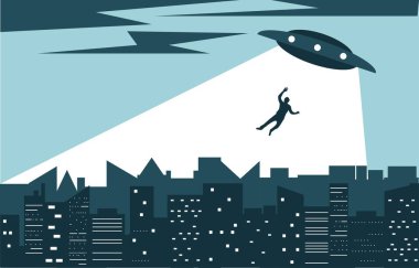 UFO Gece Şehri Düz Tarzlı Silüetinde Bir Adam Kaçırıyor. Bilim kurgu ve konsept vektör sanatının kaybolması