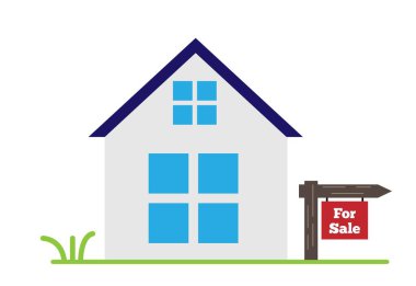 Satılık Ev Düz Stil, Beyaz Tabelayı İzole Edilmiş. Konut ve inşaat finansal yönetim vektör sanatı