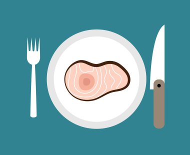 Steak on a Plate with Fork and Knife Flat Style. Food and eating at restaurant vector art