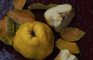                                Ayva ve yapraklar masanın üstünde, bir damla su meyvenin üzerinde.