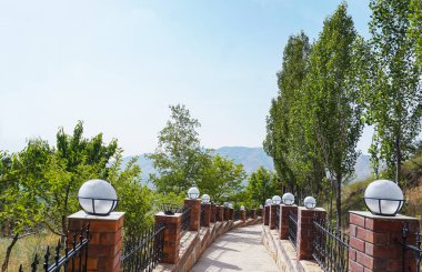                                Ağaçların altında beton bir merdiven var.    