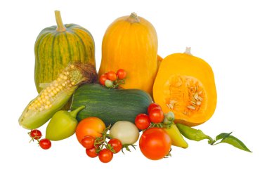 Beyaz arka planda balkabakları ve çeşitli sebzeler var.