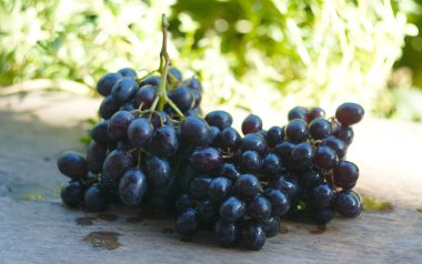                                Doğada bir tahtanın üzerinde bir demet siyah üzüm duruyor.