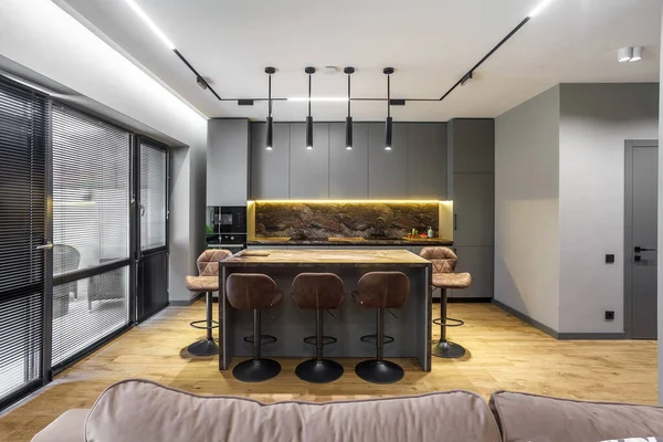 Modern Luxury Apartment Free Layout Loft Style Gray Dark Colors Stockafbeelding