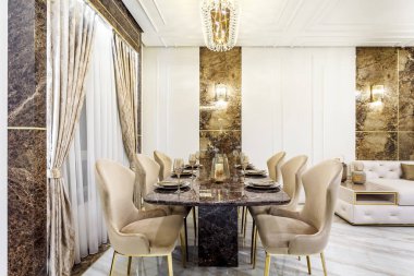 Marble dining table with utensil in a rich house