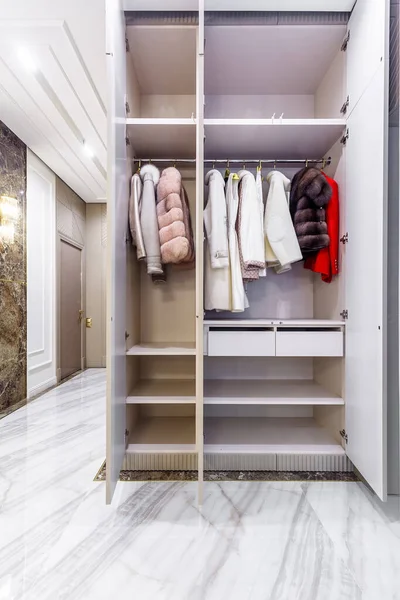 Modern Built Wardrobe Closet Assortment Fur Coats — Stock Fotó