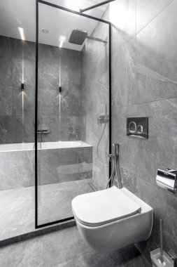 Modern döşenmiş banyo koyu gri iç tasarımı granit gri fayanslarla