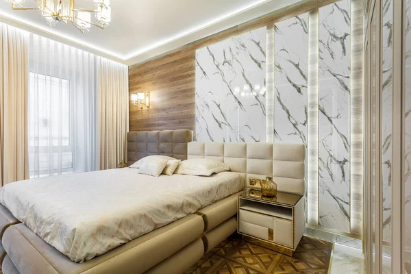 Luxury Bedroom Interior Parquet Marble Walls — Stockfoto