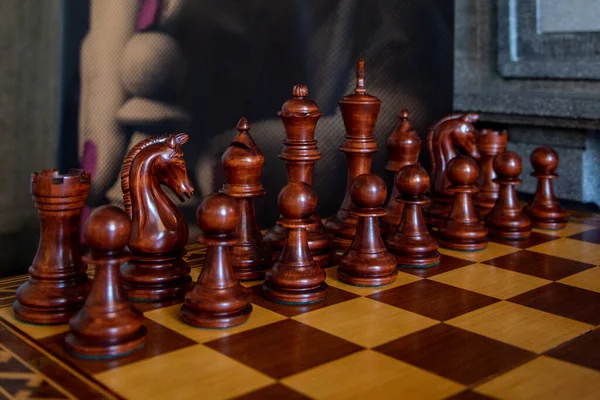 Chess Board Photo Chess Table Chess Pieces Wooden Board Low — Stock Photo, Image