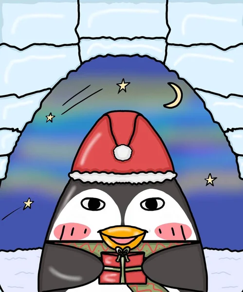 Pingüino Invierno Sombrero Año Nuevo Bufanda Con Regalo Tarjeta Navidad —  Fotos de Stock