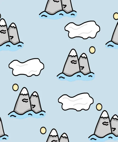 cartoon draw seamless pattern with mountains. illustration of seamless pattern with hand drawn doodle clouds and mountains in doodle style. Children\'s mountains and clouds. For children\'s wallpapers