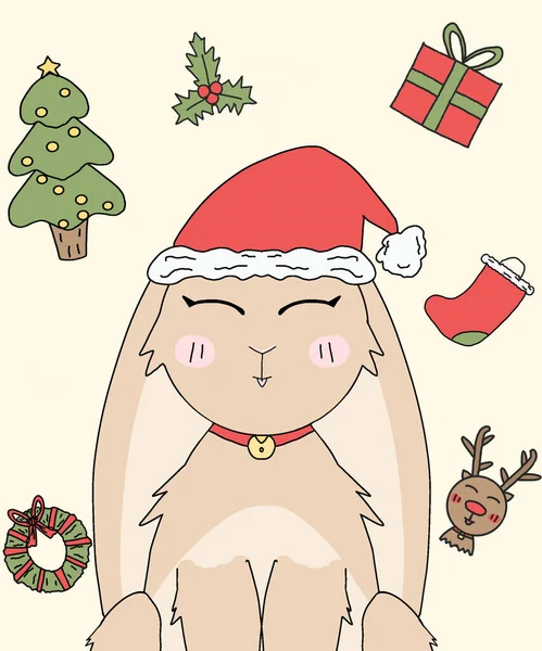 Conejo Navidad Con Sombrero Ilustración Año Nuevo —  Fotos de Stock