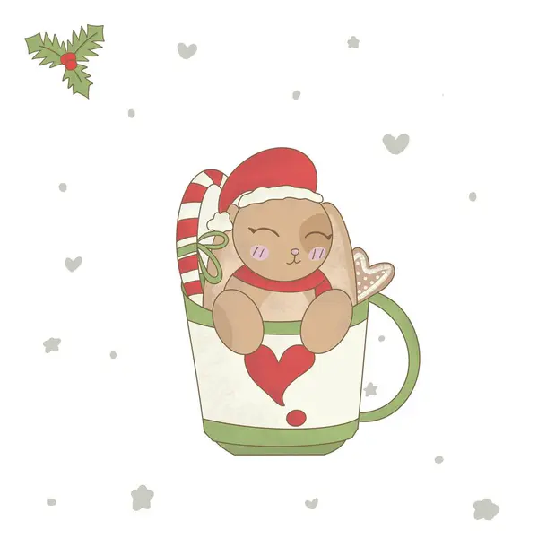 Weihnachtskarte Mit Einem Niedlichen Zeichentrickhasen Mit Nikolausmütze Weihnachtshase Einer Tasse — Stockfoto