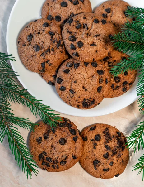 Chocolate cookies on a plate with spruce branches on the table. Dark chocolate cookies on a plate, Christmas cookies chocolate cinnamon sweet dessert holiday treat new year and christmas food on the table copy space food background