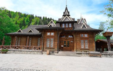 Dağlardaki Ukrayna köyündeki ahşap ev.