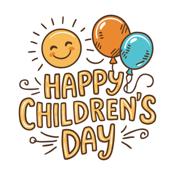 Happy Children's Day. Greeting card for Children's Day with balloons and smiling sun. 