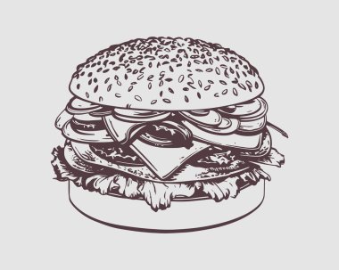 Hamburger Logosu. Gri arkaplanda izole edilmiş web tasarımı için burger vektör simgelerinin ana hatları.