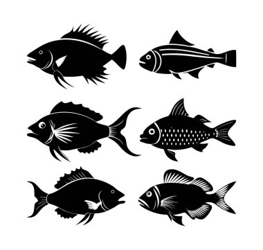 Beyaz arkaplanda balık simgeleri ayarlandı.