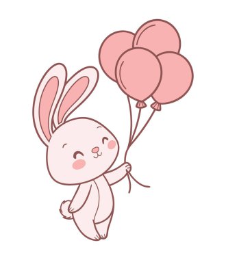 Elinde pembe balonlar tutan sevimli tavşan vektör çizimi.