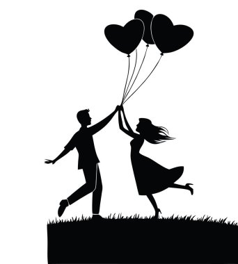 Aşk ve neşeyi kutlayan kalp şeklinde balonları olan birkaç siluet.