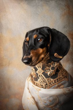 Orta Çağ kraliyet tarzında bir dachshund köpeği portresi.