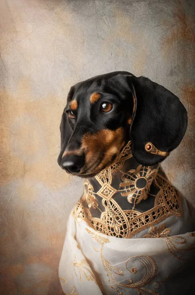 中世の王室様式のダックスフント犬の肖像画 — ストック写真