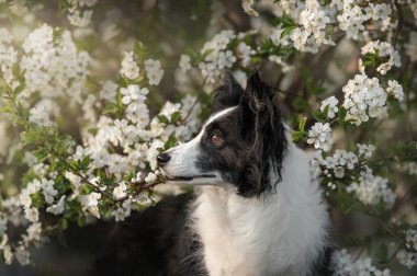 Çiçek açan ağaçtaki bir çoban köpeğinin bahar fotoğrafları. Akıllı bir köpeğin güzel portreleri.