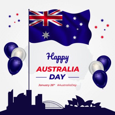 Mutlu Avustralya Günü. 26 Ocak, sallanan bayrak ve balon çizimi arka plan tasarımı.
