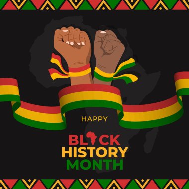 Black history month with two fist hands illustration on africa map background design clipart