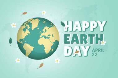 Happy Earth day April 22 banner with globe and flowers leaves illustration clipart