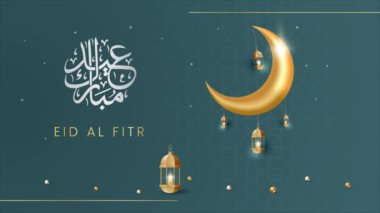 Eid al Fitr Mubarak greeting illustration with calligraphy moon and lantern on green background