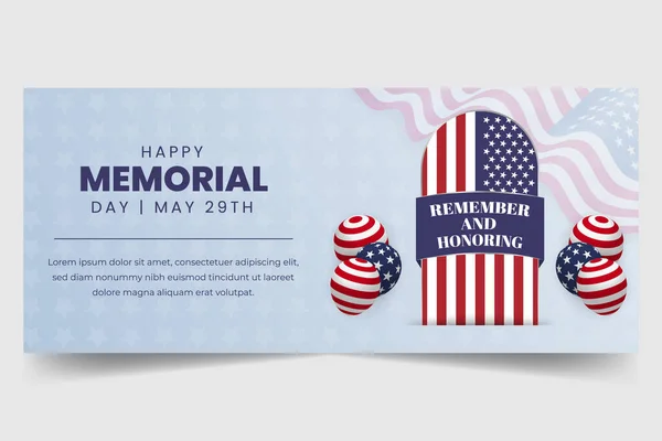 Memorial Day Mai Horizontales Banner Mit Grabstein Und Fahnenmuster Illustration — Stockvektor