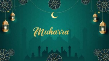 Yeni İslami Yılınız kutlu olsun Muharram afişi yeşil arkaplandaki İslami süslemelerle