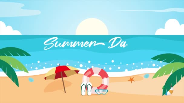 Summer Day Banner Design Beach Swim Equipment Illustration Ocean Background — Stock Video