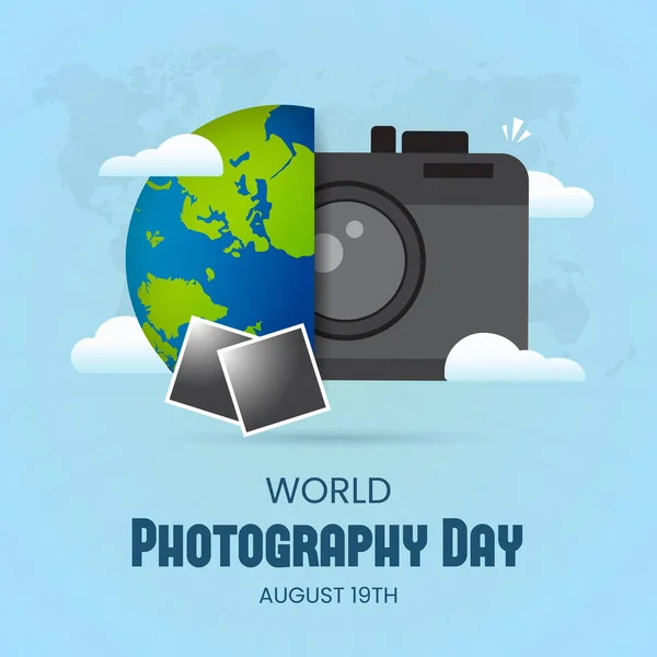 Día Mundial Fotografía Agosto Con Banner Ilustración Polaroid Globo Cámara — Archivo Imágenes Vectoriales