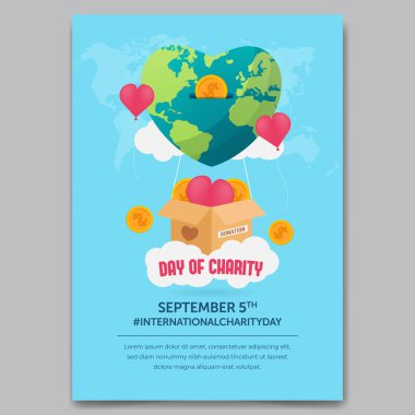 Charity Day September 5th poster design with earth balloon hearth shapes and coin illustration clipart