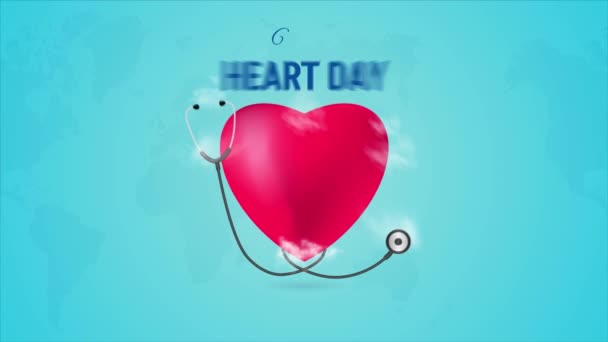Światowy Dzień Serca Września Animacja Kształtem Paleniska Ilustracją Stetoskopu — Wideo stockowe