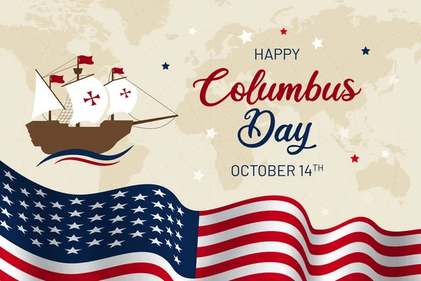 Happy Columbus Day Október Design Egy Hajó Amerikai Zászló Illusztráció — Stock Vector