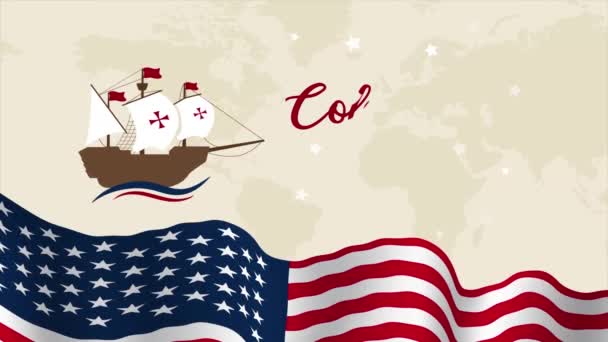ハッピーコロンブスデー 10月14日 世界地図の背景に船と波の旗のイラストでアニメーション — ストック動画