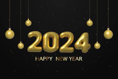 2024 Altın harfli mutlu yıllar ve izole edilmiş arka planda asılı top.