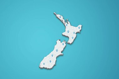 İzole edilmiş arkaplanda eyalet haritası iğnesi bulunan Yeni Zelanda 3D harita çizimi