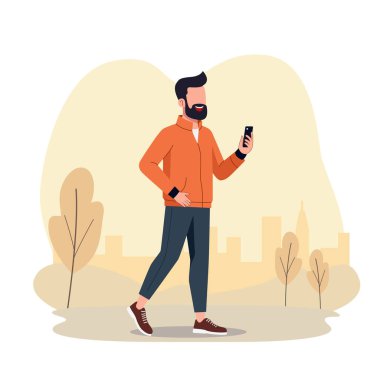 Şehir parkında bir adam akıllı telefonuyla spor yapıyor.