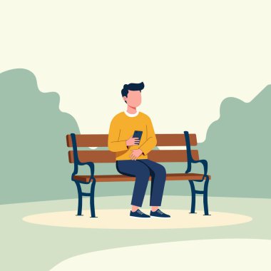 Bir erkek, sakin renk arkaplanda akıllı telefonuyla park bankında dinleniyor.