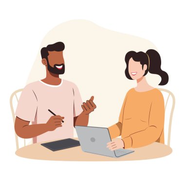 Genç bir adam ve kadın iş hakkında tartışıyorlar.